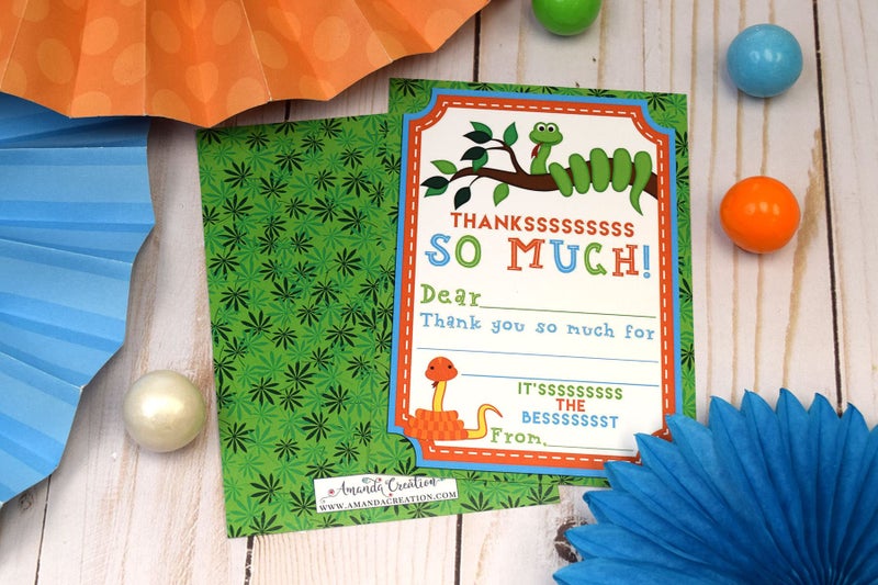 Amanda Creation Fun Colorful Snake Theme Design with Greenery 10 Thank You Notes 4"x5.5" Fill-in Cards with Envelopes, Kids Party Stationery Set, Perfect for Favors & Seals, Made in USA by Amanda Creation - Image 5